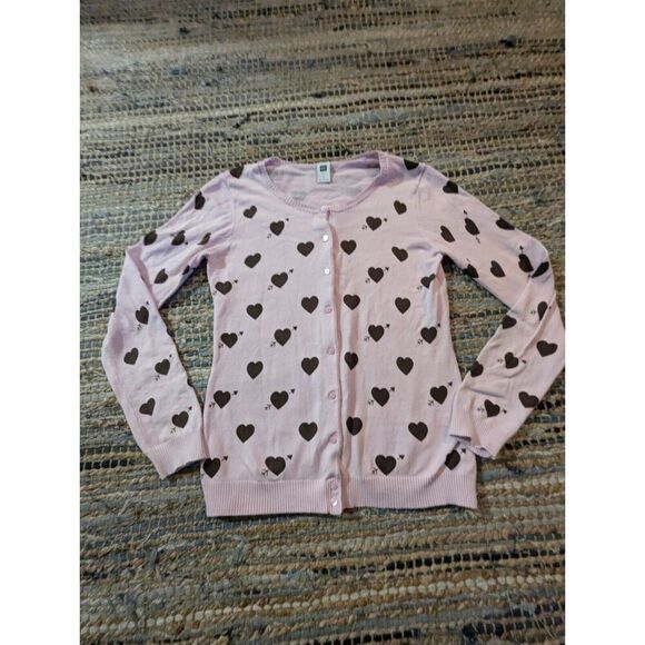 Vtg Powder Pink Button Up Cardigan M Black Hearts Valentine's Crew Neck Y2k - Picture 3 of 9